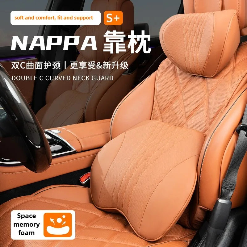 Nappa Leather Car Neck & Seat Pillow – Memory Foam Car Headrest and Lumbar Cushion, Universal All-Season Auto Accessories - Delicate Leather  