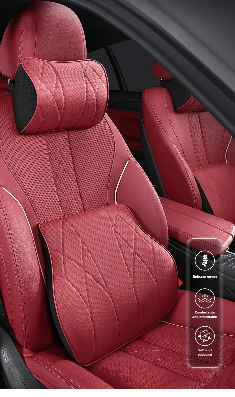 Memory Foam Car Neck & Lumbar Support Pillow Set – Leather Seat Comfort Cushions - Delicate Leather  