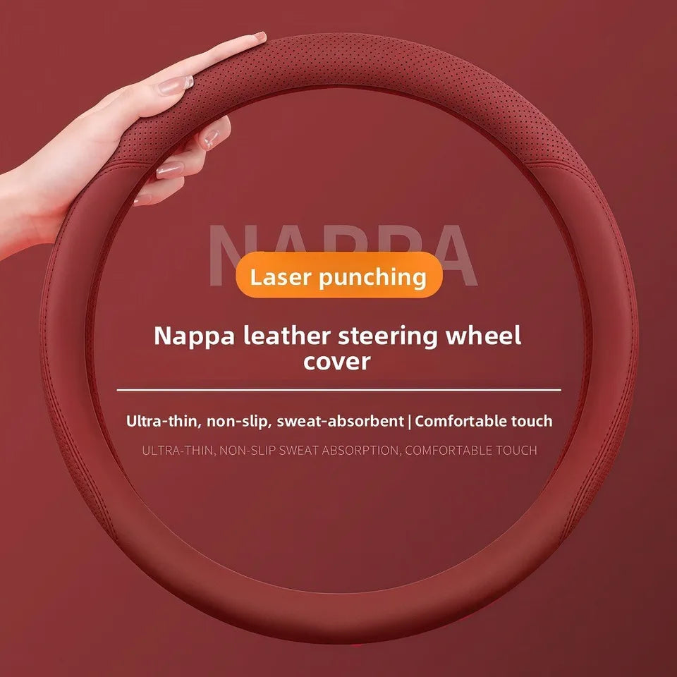 Premium Nappa Leather Steering Wheel Cover – Laser Perforated, Non-Slip Grip, Universal 14.6–15 Inch - Delicate Leather  