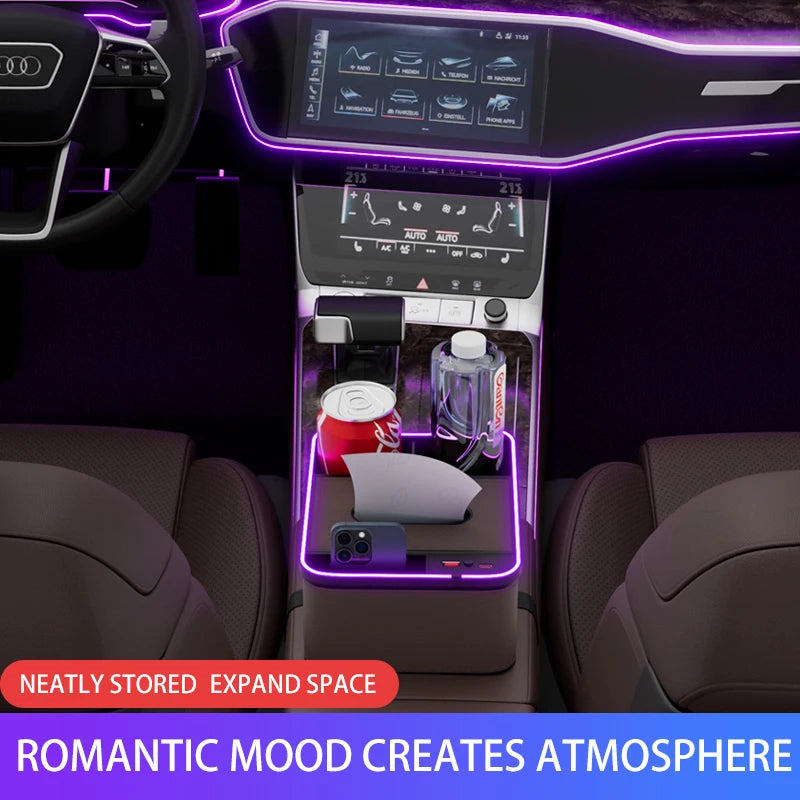 Car Armrest Storage Box with LED Ambient Light & Type-C USB Charger – Universal Center Console Organizer - Delicate Leather  