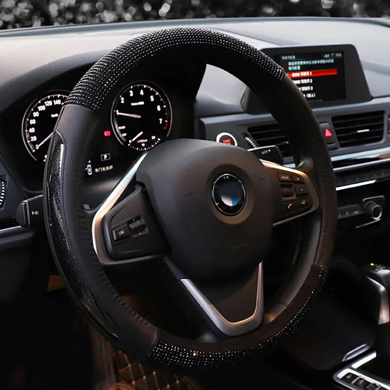 Diamond Style Steering Wheel Cover – Glitter Finish Split Leather Anti-Slip Grip Universal Interior Accessory - Delicate Leather  