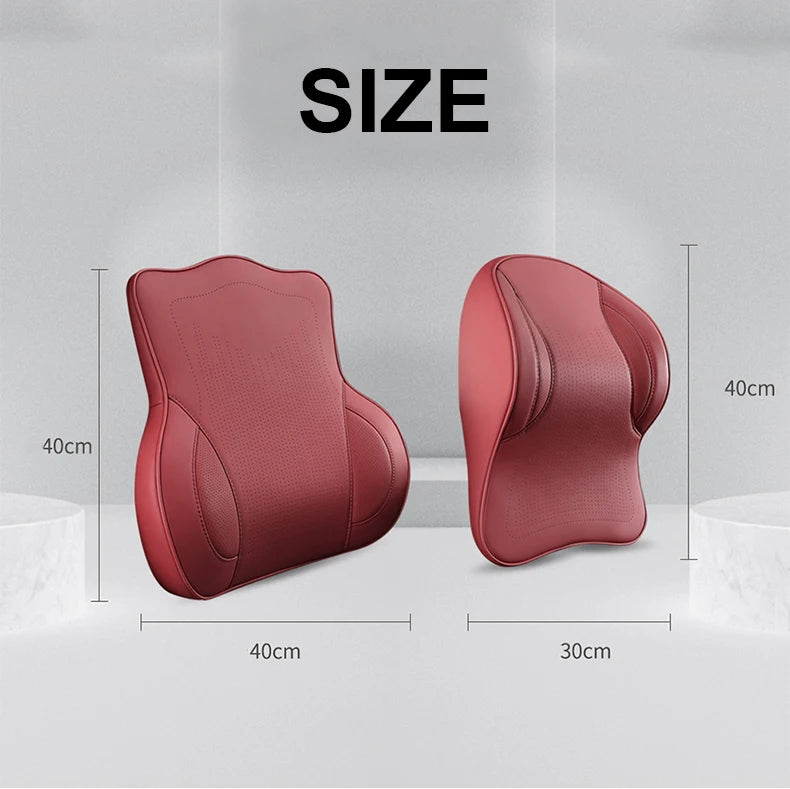 Memory Foam Car Neck Pillow & Lumbar Support Set – Breathable Seat Comfort Cushion - Delicate Leather  