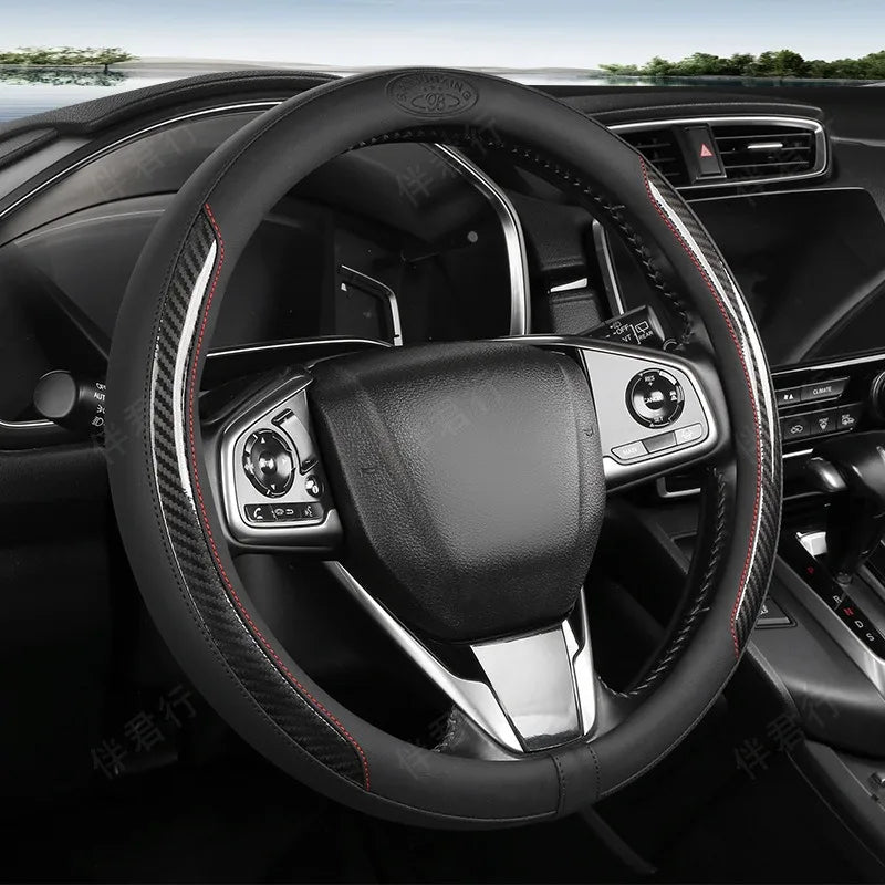 Carbon Fiber Leather Car Steering Wheel Cover – 38CM Universal Fit, Non-Slip Nappa Leather Grip, Breathable & Durable Interior Accessory - Delicate Leather  