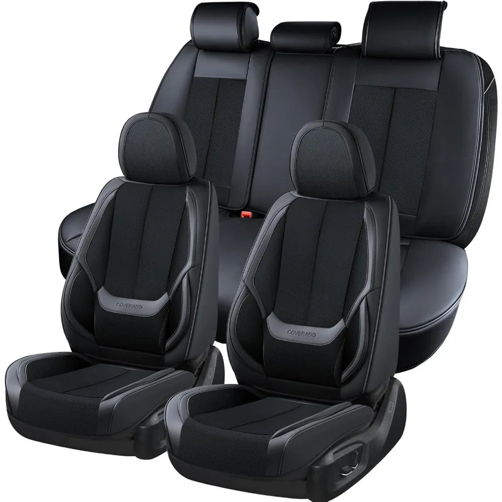 Seat Covers Full Set – Breathable Fabric & Leather, Waterproof, Universal Fit (Black/Red) - Delicate Leather  