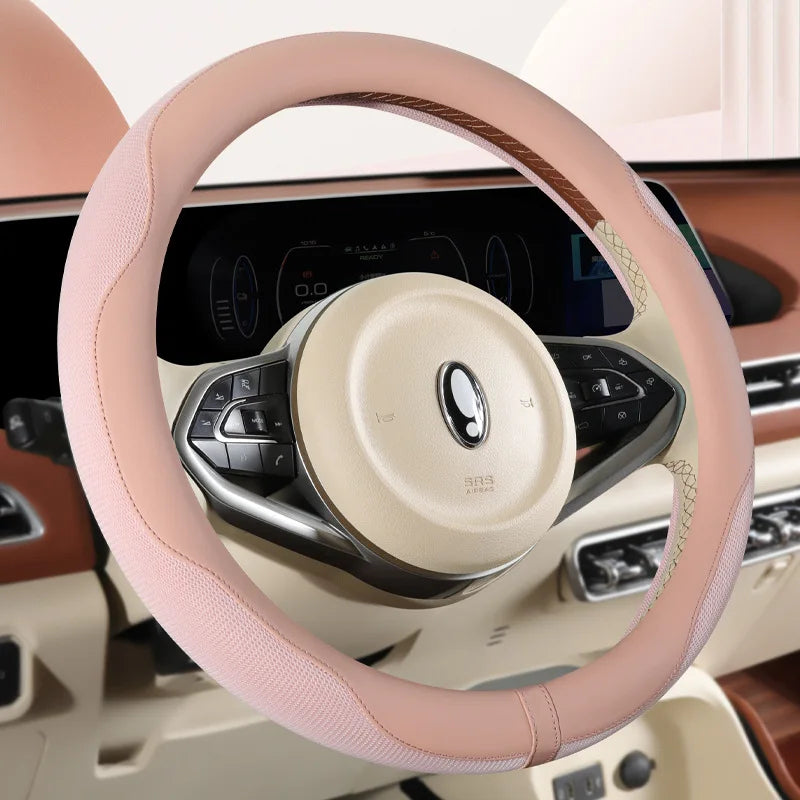 Summer Ice Silk Steering Wheel Cover – Breathable, Anti-Slip, Sweat-Absorbing Handle Set for All-Season Comfort - Delicate Leather  