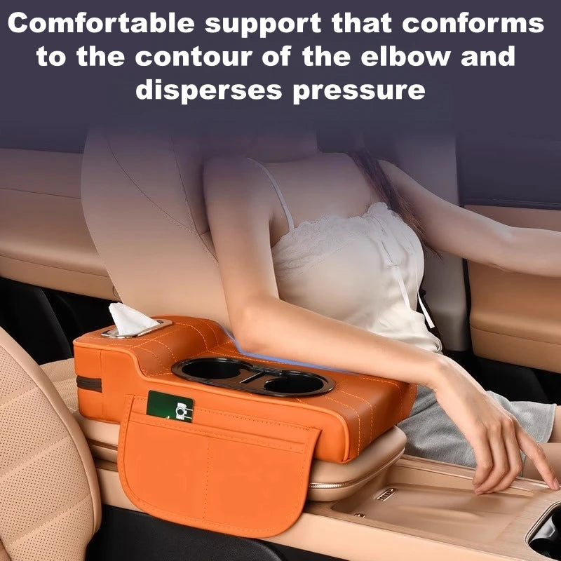 5-in-1 Car Armrest Organizer – Faux Leather Center Console Storage with Cup Holder, Tissue Box & Multi Pockets - Delicate Leather  