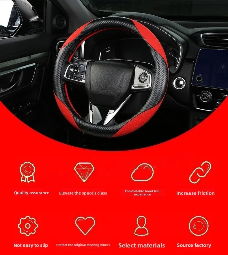 Carbon Fiber Style Steering Wheel Cover – Anti-Slip Universal Grip Interior Accessory - Delicate Leather  