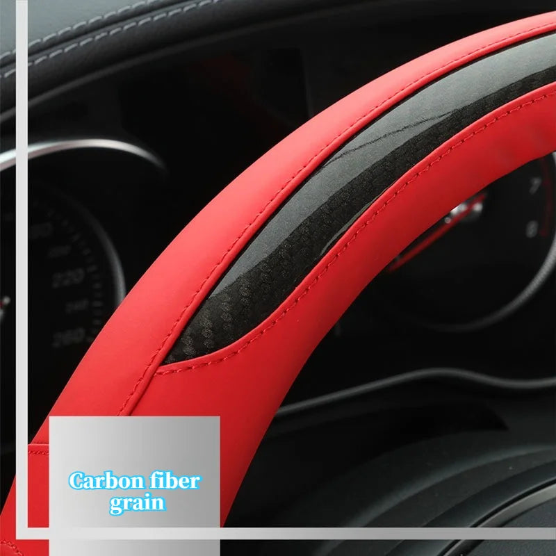 Perforated PU Leather Steering Wheel Cover with Carbon Fiber Texture – Non-Slip & Breathable, Universal Fit for 14.5–15 Inch Wheels - Delicate Leather  