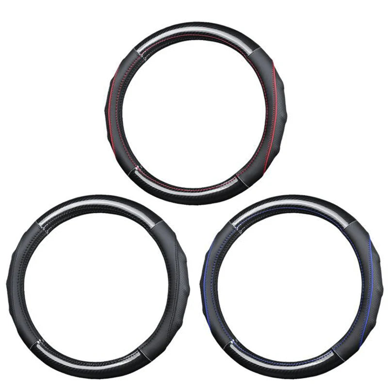 Leather Carbon Fiber Car Steering Wheel Cover – 38cm Non-Slip, Breathable, All-Season - Delicate Leather  