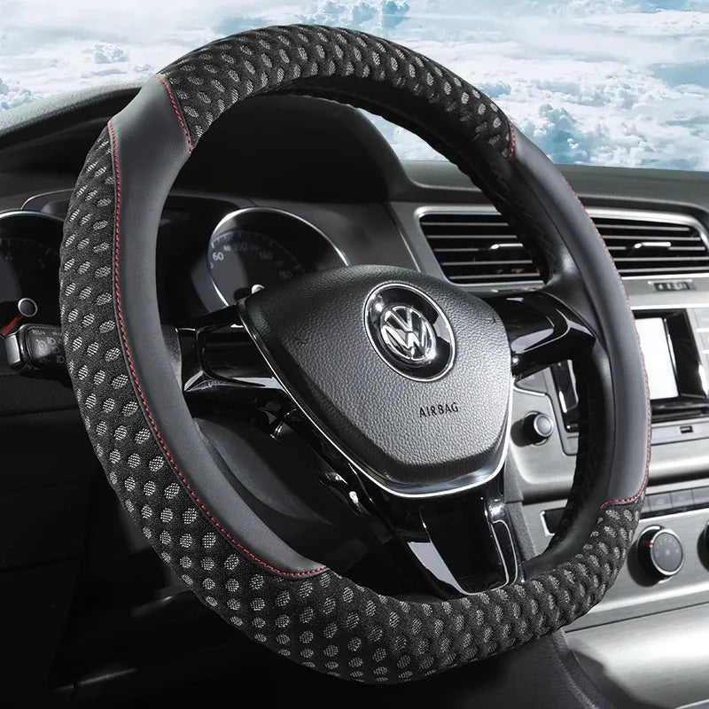PU Leather Steering Wheel Cover – 3D Cooling Fabric, Non-Slip, O/D Shape, All-Season Comfort - Delicate Leather  