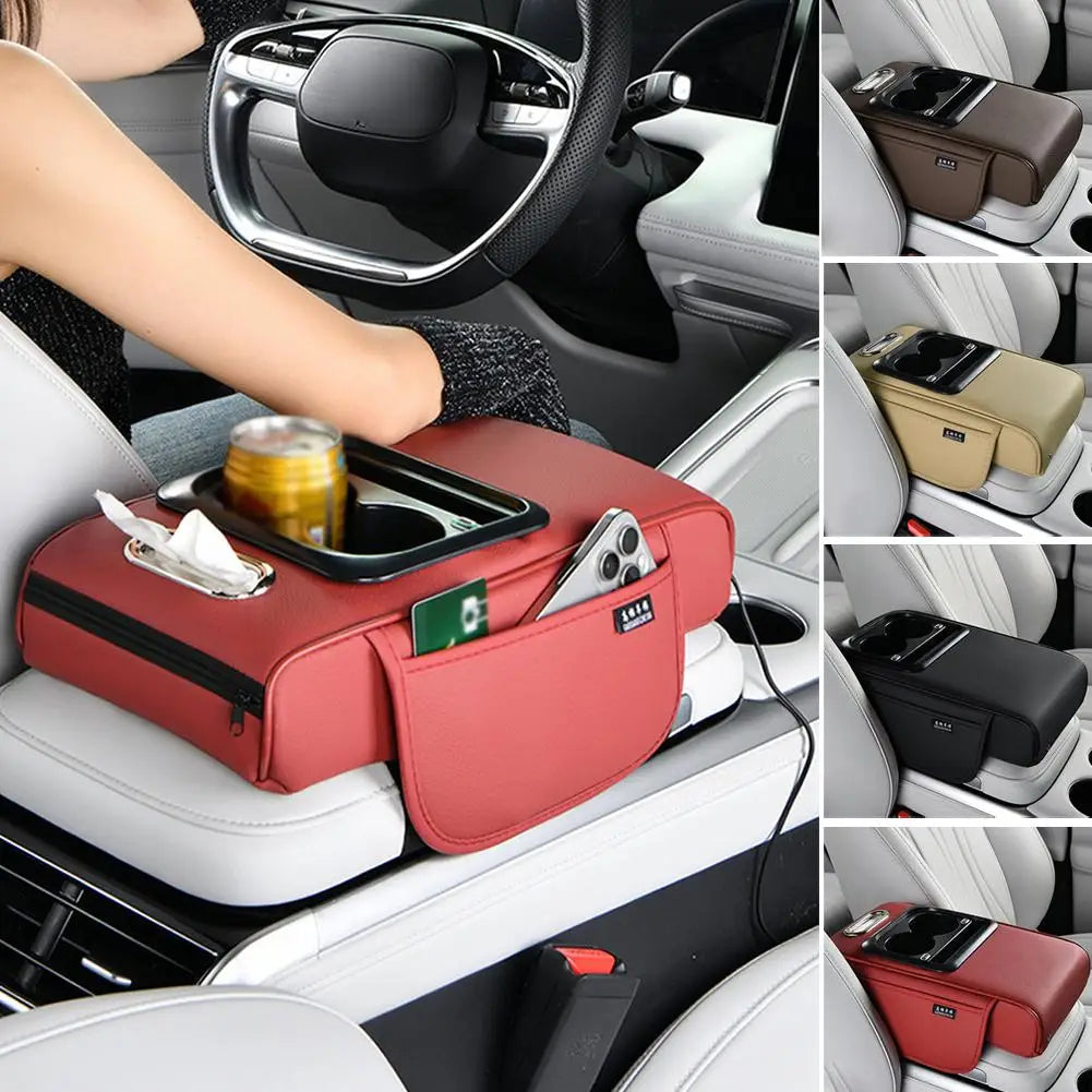 Multi-Functional Car Cup Holder & Armrest Organizer – Center Console Pad with Phone Storage - Delicate Leather  