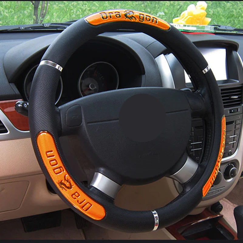 Dragon Pattern Steering Wheel Cover – Reflective Faux Leather Elastic Wrap, Universal Fit 37–38 cm - Delicate Leather  