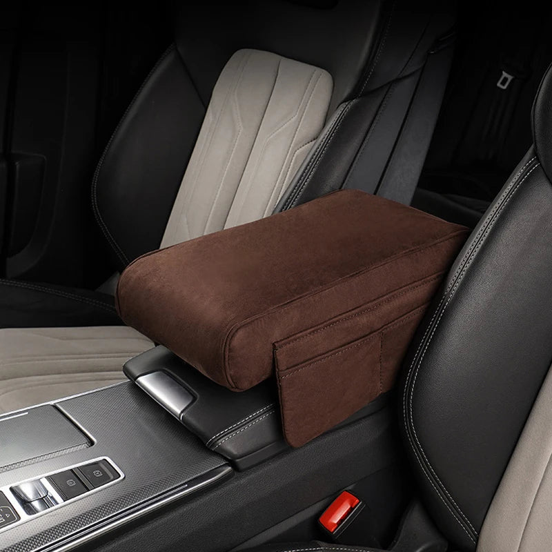 Suede Car Armrest Cushion with Cup Holder – Memory Foam Center Console Pad, Universal Fit, Enhanced Elbow Support - Delicate Leather  
