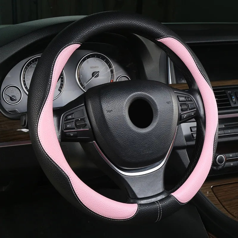 PU Leather Steering Wheel Cover – Anti-Slip 15 Inch Universal Round Interior Accessory - Delicate Leather  