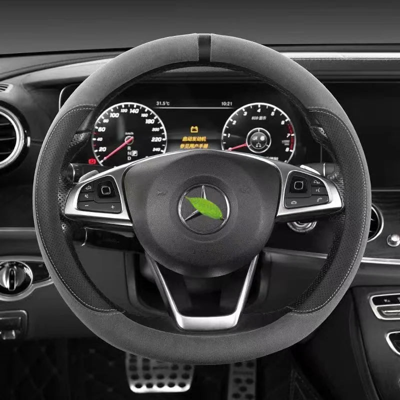 Universal Suede Steering Wheel Cover – Ultra-Thin Non-Slip D-Shape & Round Fit, Breathable All-Season Leather Protector 37–38cm - Delicate Leather  