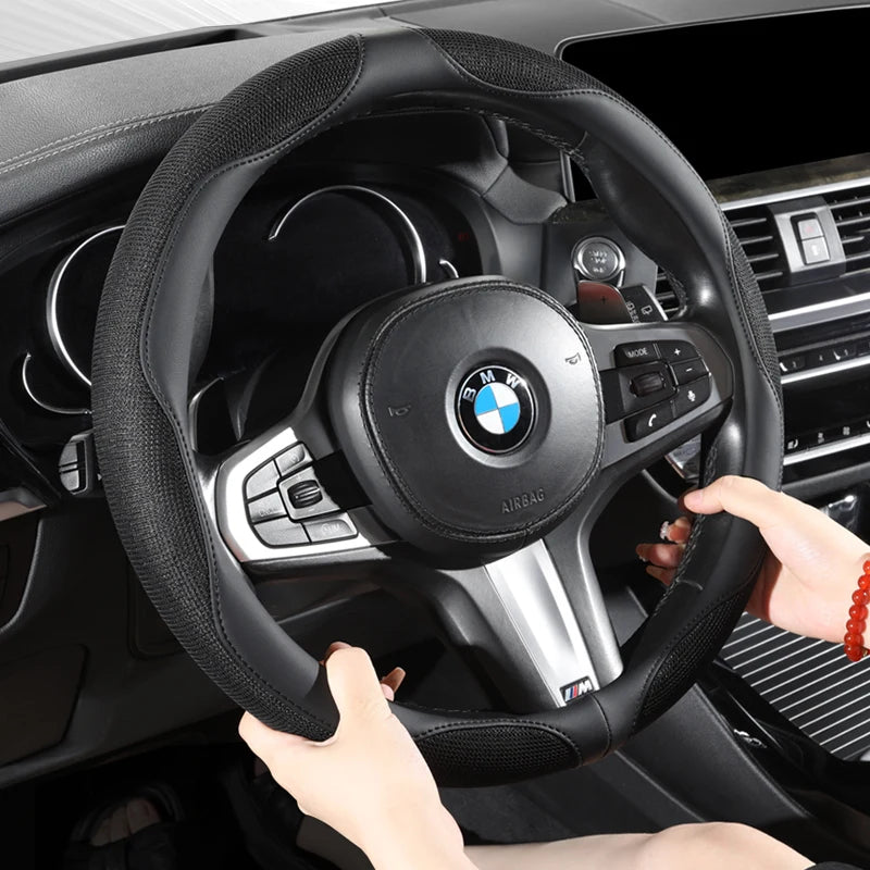 Breathable Mesh Ice Silk Steering Wheel Cover, Universal 15 Inch, Anti-Slip, Warm in Winter & Cool in Summer - Delicate Leather  