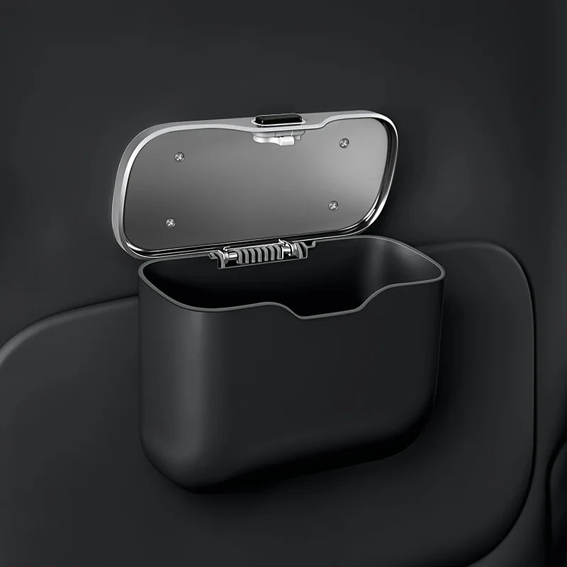 Car Trash Can with Lid and Mobile Phone Holder – 5L Rear Seat Hanging Storage Bin, Pressing-Type Square Waste Container - Delicate Leather  