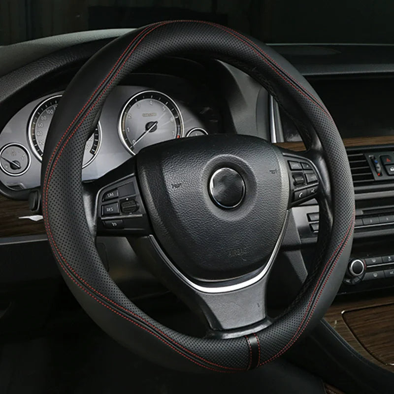 Leather Car Steering Wheel Cover Universal Fit 36cm 38cm 39cm – Anti-Slip Interior Steering Protector - Delicate Leather  