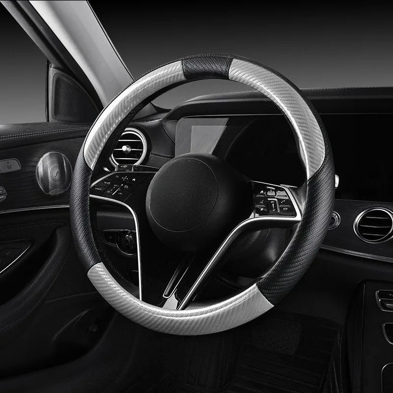 Carbon Fiber Leather Car Steering Wheel Cover – Universal Non-Slip O/D Type Steering Wheel Covers - Delicate Leather  