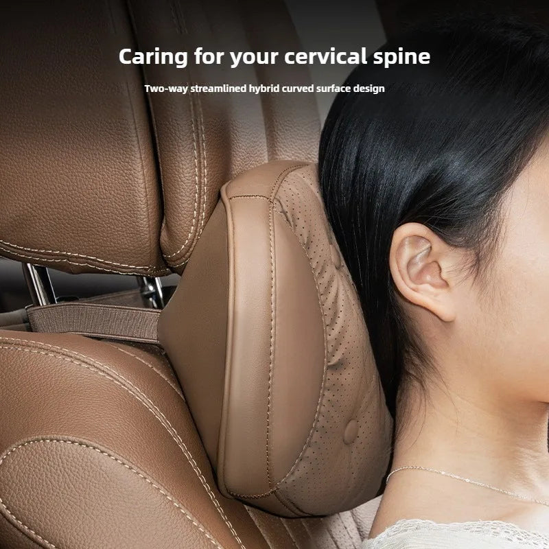 Universal Car Headrest & Lumbar Support Cushion – Nappa Leather Neck and Lumbar Pillows for Comfort - Delicate Leather  