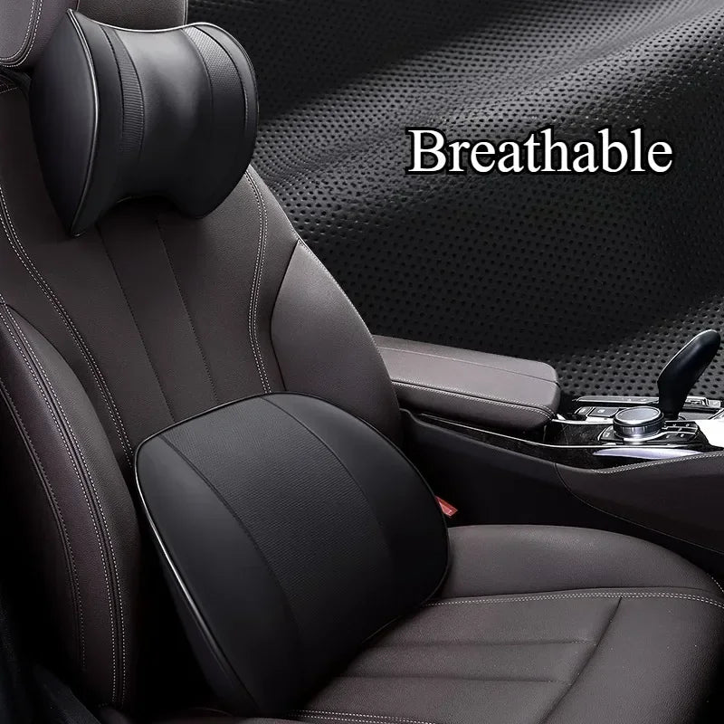 Ventilated Memory Foam Car Neck & Lumbar Pillow – Slow Rebound, Universal Seat Support - Delicate Leather  