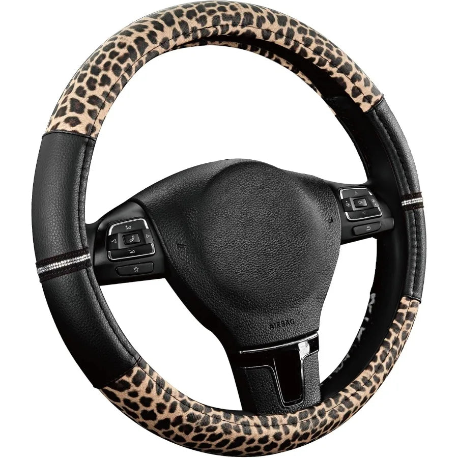 Leopard Print Steering Wheel Cover – Anti-Slip PVC Leather, Universal Fit 14.5–15 Inch - Delicate Leather  