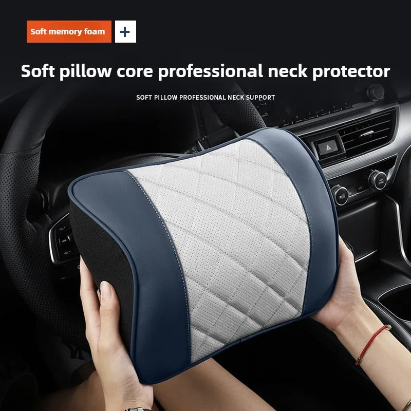 Comfort Nappa Leather Car Headrest & Lumbar Support Set – Soft Memory Foam Neck Pillow & Waist Cushion for Car Seats and Office Chairs - Delicate Leather  