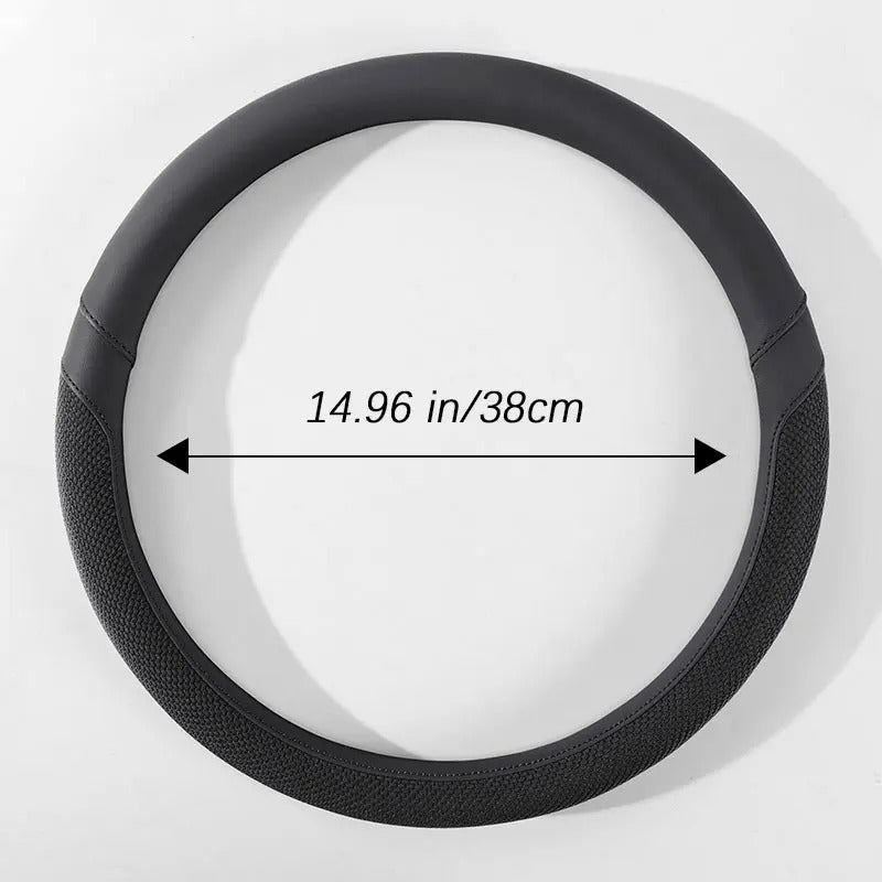 Universal PU Leather & Ice Silk Steering Wheel Cover 38cm – Breathable Anti-Slip O-Type Car Steering Wheel Protector - Delicate Leather