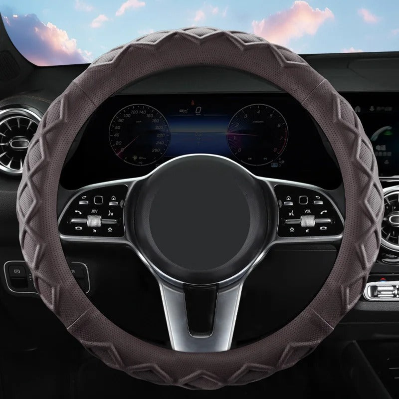 Rhombus Pattern PU Leather Steering Wheel Cover – O-Type Minimalist Non-Slip Grip - Delicate Leather
