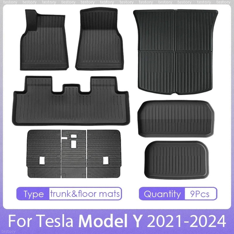 TPE Floor Mats Set for Tesla Model Y 2021–2024 (5-Seater) – Waterproof, Anti-Slip Cargo Liner and Interior Mats - Delicate Leather  