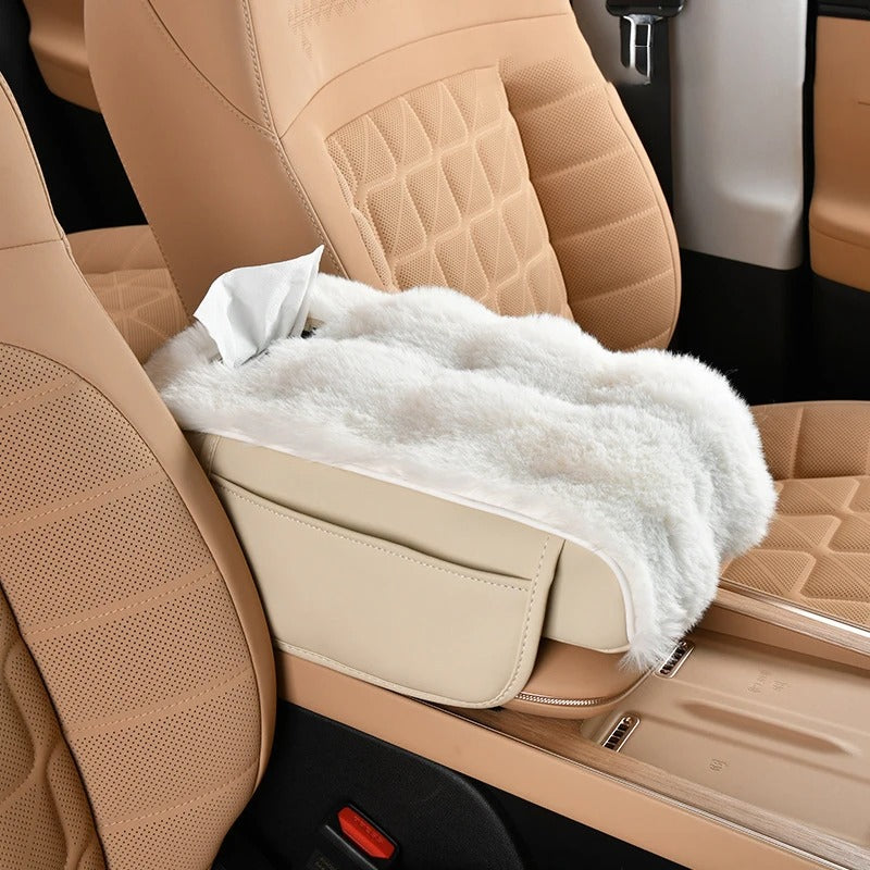 Plush Car Armrest Cushion with Storage Pocket – Universal Center Console Heightening Pad for All Seasons - Delicate Leather  