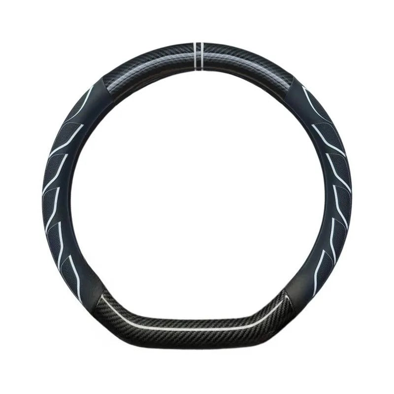 Carbon Fiber & Nappa Leather Steering Wheel Cover – Universal 38cm O/D Shape Anti-Slip Grip - Delicate Leather