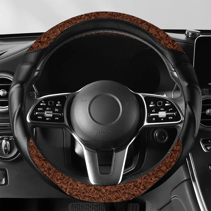 Wood Grain Steering Wheel Cover – Premium Leather Anti-Slip Universal 14.5–15 Inch Fit - Delicate Leather