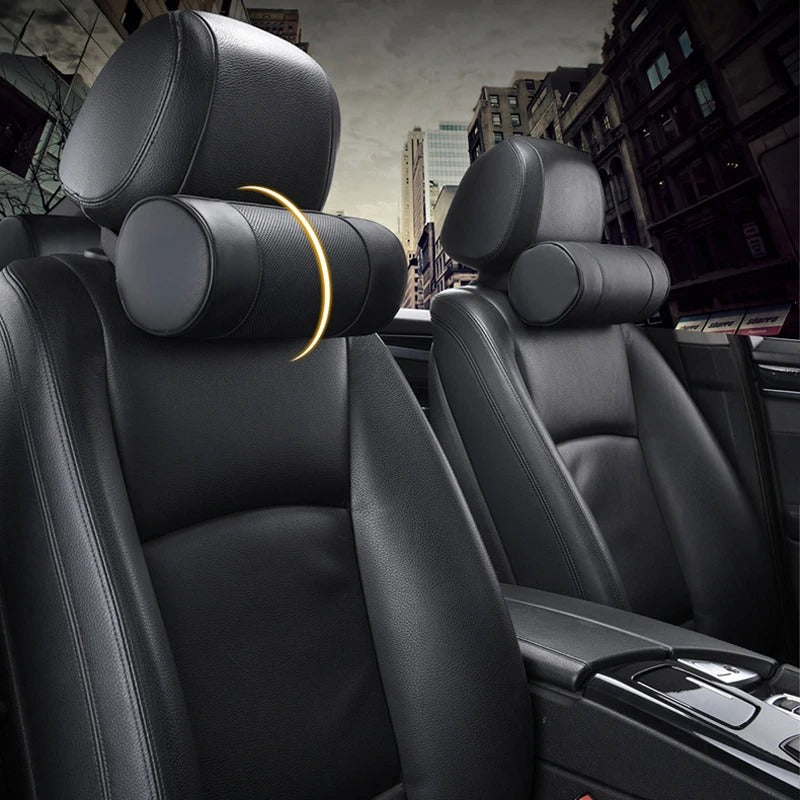 Genuine Cowhide Leather Car Neck Pillow – Cylindrical Memory Foam Cushion for Car & Office - Delicate Leather