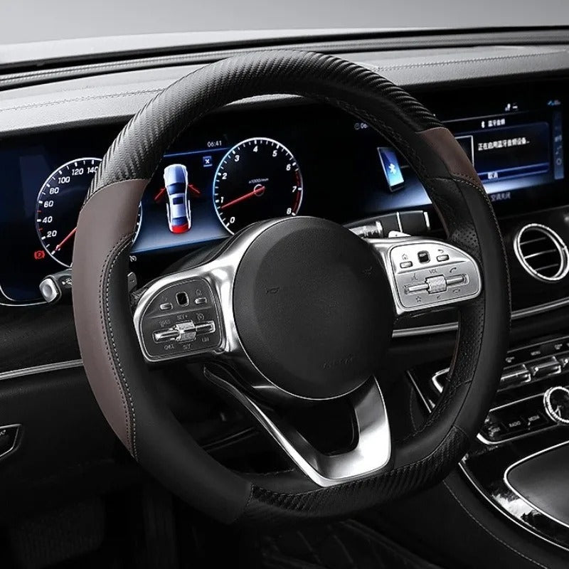 Carbon Fiber Microfiber Leather Steering Wheel Cover – O Shape Universal Non-Slip Grip - Delicate Leather  