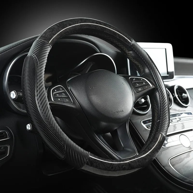 Carbon Fiber Steering Wheel Cover 38cm O/D Type – Universal Non-Slip Faux Leather Car Steering Wheel Protector - Delicate Leather