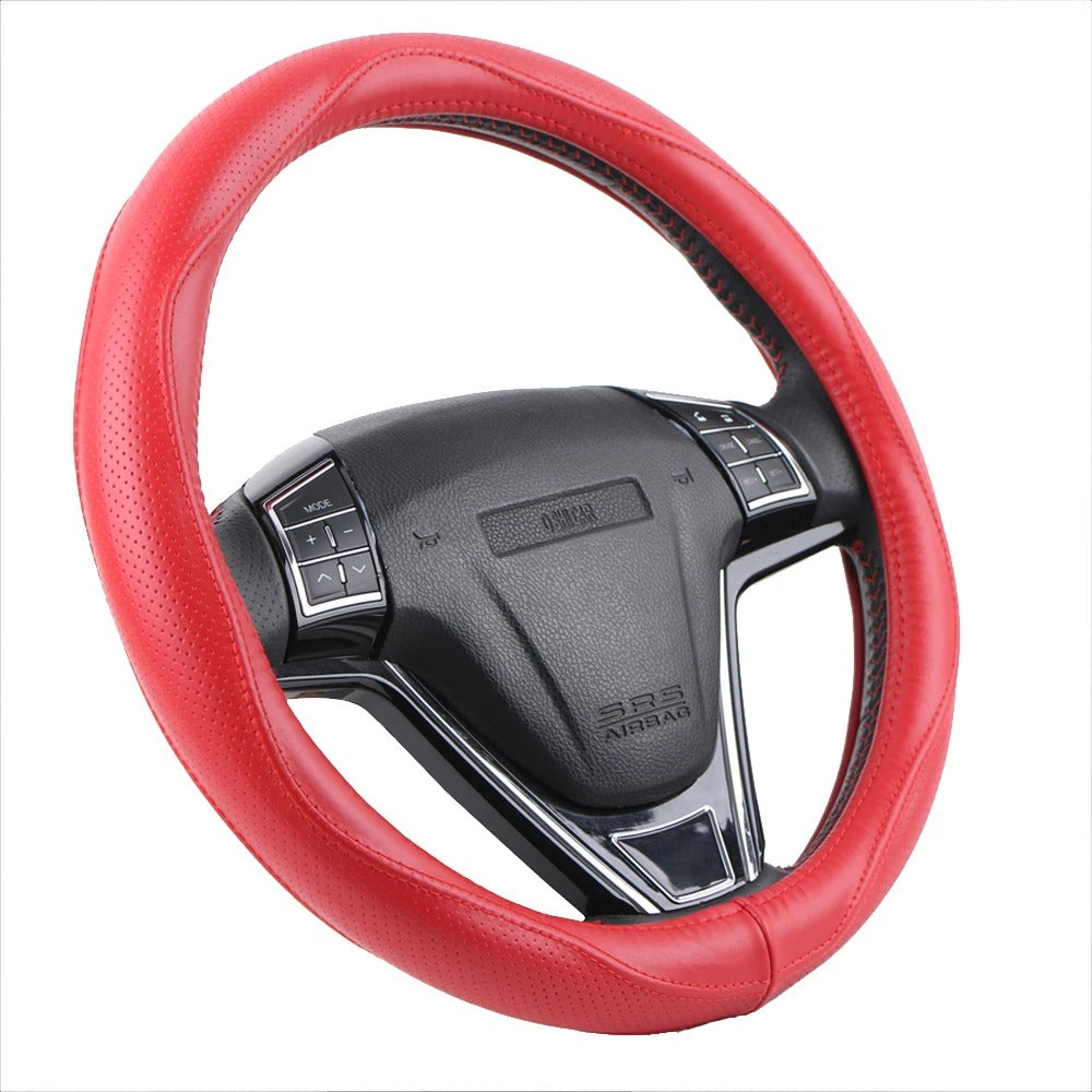 Universal Genuine Leather Steering Wheel Cover 38cm – Top Cowhide Perforated Non-Slip Silicone Car Steering Wheel Protector - Delicate Leather