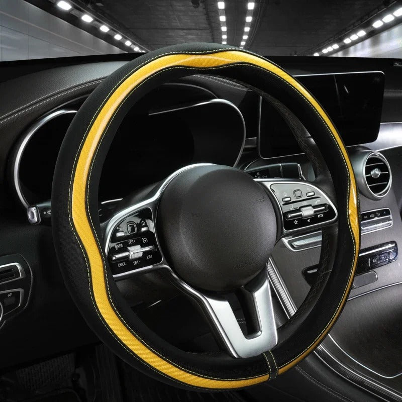 PU Leather and Carbon Fiber Steering Wheel Cover – Non-Slip Grip, Universal Fit 38 cm, All-Season Car Interior Accessory - Delicate Leather  