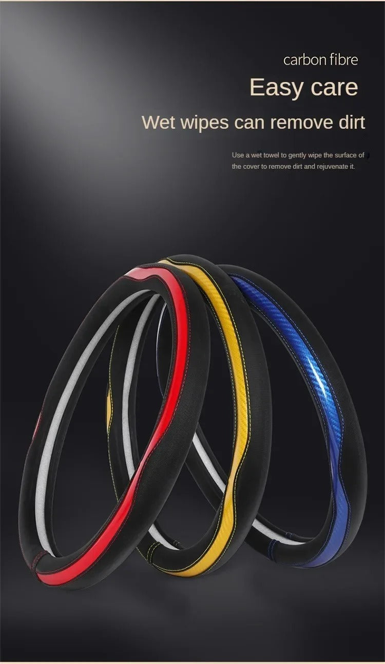 PU Leather and Carbon Fiber Steering Wheel Cover – Non-Slip Grip, Universal Fit 38 cm, All-Season Car Interior Accessory - Delicate Leather  