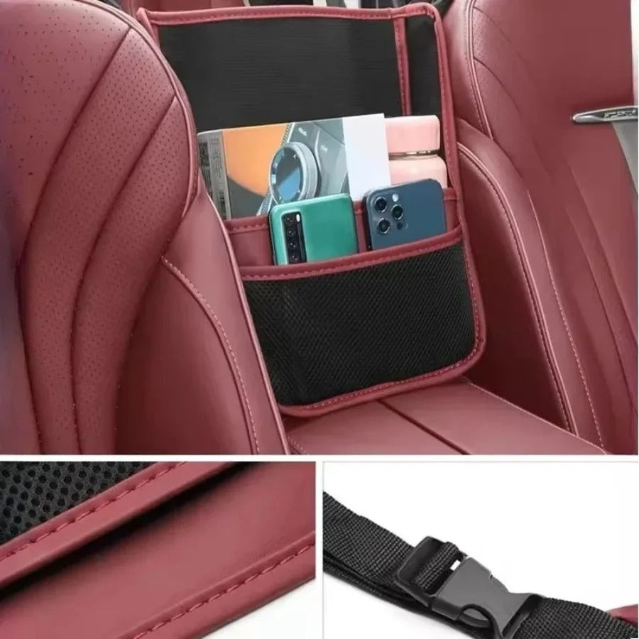 Car Seat Gap Hanging Organizer – Large-Capacity Storage Bag with Cup and Tissue Pockets, Universal Fit for Front Seats - Delicate Leather  