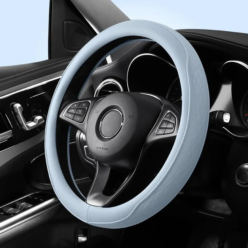 Embossed PU Leather Steering Wheel Cover – Anti-Slip Universal 15-Inch Fit - Delicate Leather  
