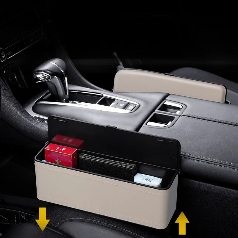 Car Seat Gap Filler Organizer, Custom For All Cars, PU Leather Storage Box - Car Side Gap Seat Organizer and Front Slot Gap Filler with USB Charging Port - Delicate Leather  
