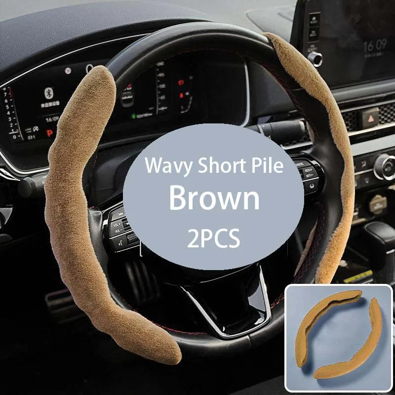 Segmented Wave Plush Steering Wheel Cover – Breathable Anti-Slip Grip, Warm & Comfortable, Universal Fit - Delicate Leather  