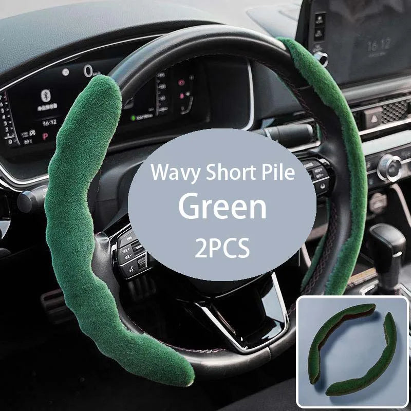 Segmented Wave Plush Steering Wheel Cover – Breathable Anti-Slip Grip, Warm & Comfortable, Universal Fit - Delicate Leather  