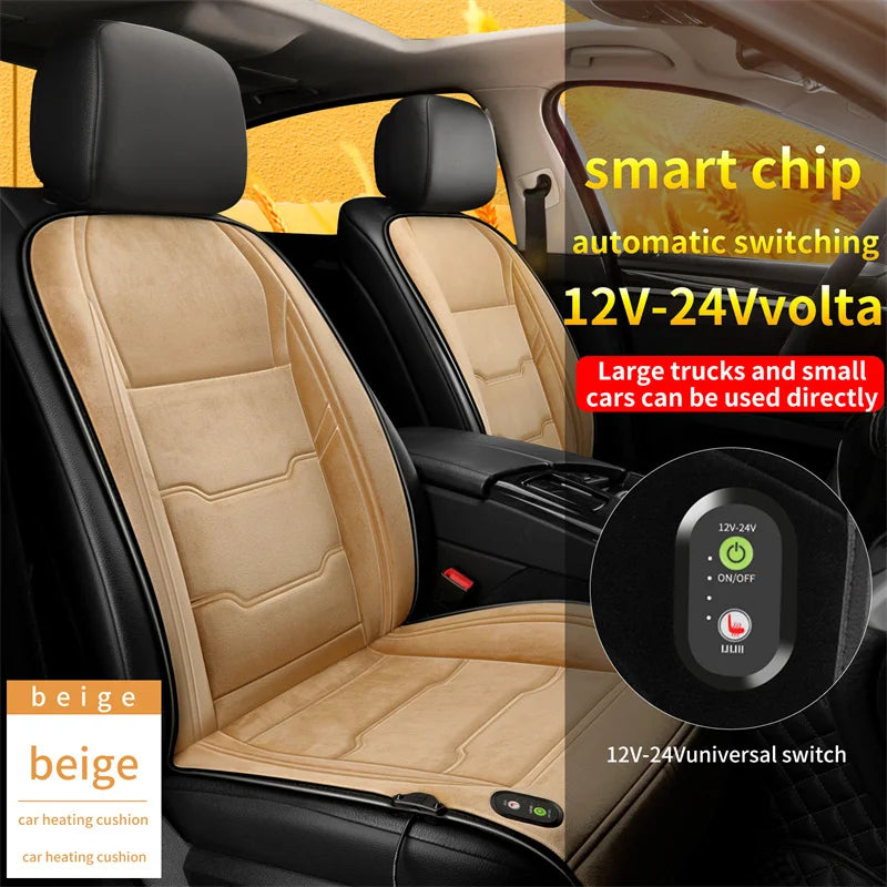 12V/24V Heated Car Seat Cover – Universal Fast-Heating Winter Seat Cushion with Auto Power Protection - Delicate Leather  