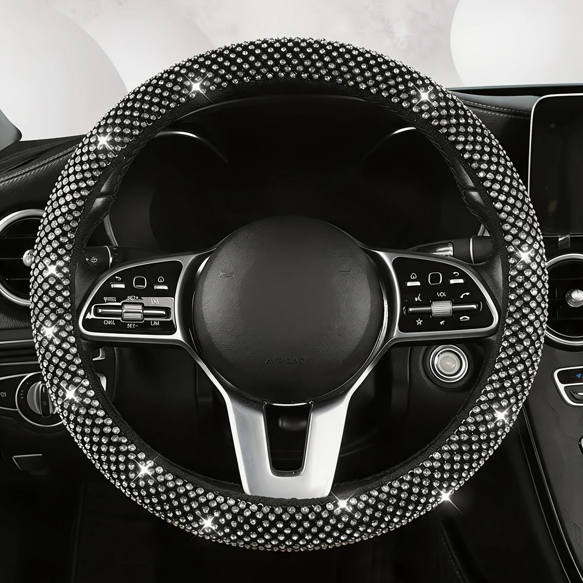 Rhinestone Car Steering Wheel Cover – O-Type Sparkly Diamond Non-Slip Grip - Delicate Leather