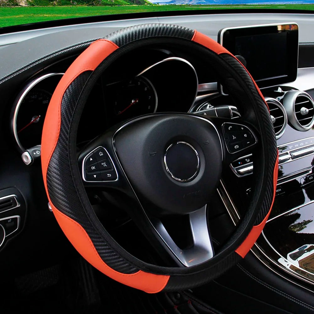 PU Carbon Fiber Steering Wheel Cover – Fits 14.5 to 15 Inch Wheels - Delicate Leather  
