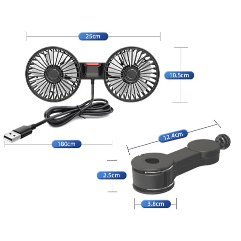 Dual Head USB Car Fan – 360° Adjustable Backseat Air Circulation Fan - Delicate Leather  