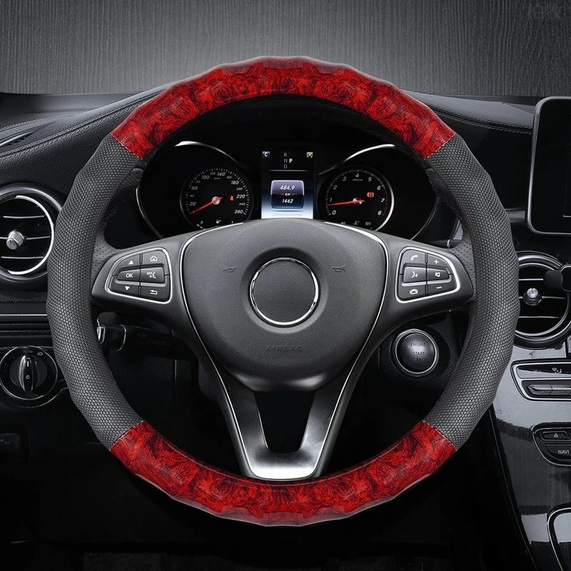 Wood Grain PU Leather Steering Wheel Cover – Honeycomb Non-Slip Grip 38CM/15-Inch - Delicate Leather