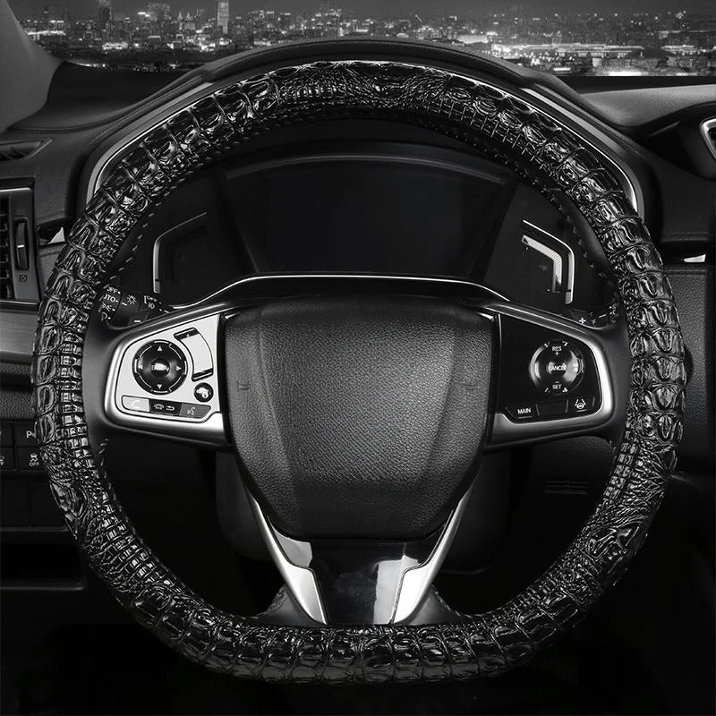 Crocodile-Texture Leather Steering Wheel Cover – Anti-Slip, Universal 14.5–15 Inch (37–38cm)